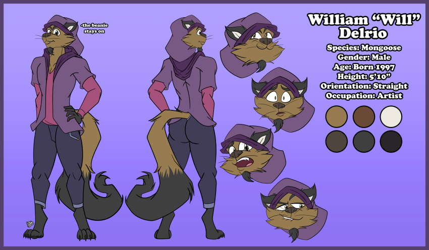 anthro beanie border clothing english_text hand_on_hip hat headgear headwear herpestid hi_res hoodie male mammal model_sheet mongoose purple_border sketchybug smile solo text topwear will_delrio_(sketchybug)