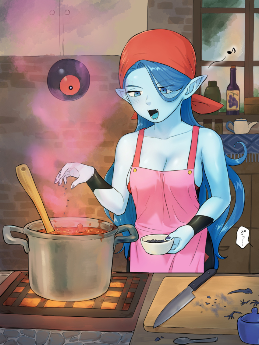 :d apron arinsu_(kodamamaimai) bandana bare_shoulders black_dress blue_eyes blue_hair blue_skin blue_tongue blush bottle bowl breasts cleavage collarbone colored_skin colored_tongue commentary_request cooking cooking_pot dark_blue_hair dragon_quest dragon_quest_viii dress female highres holding holding_bowl kitchen kitchen_knife large_breasts musical_note oerba_yun_fang open_mouth pink_apron pointy_ears red_bandana smile solo stove window witch_lady_(dq8) wristband