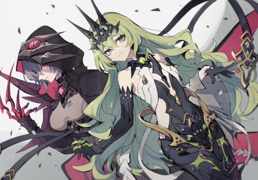 2girls asymmetrical_gloves bad_id bad_twitter_id bare_shoulders black_bodysuit black_cape black_dress black_gloves black_hair bodysuit breasts cape claw_(weapon) claw_ring crown dress earrings gloves green_eyes green_hair grin honkai_(series) honkai_impact_3rd jewelry long_hair looking_at_viewer mismatched_gloves mobius_(honkai_impact) mole mole_under_mouth multiple_girls purple_eyes raven_(honkai_impact) short_hair single_earring single_sleeve sleeveless sleeveless_dress smile takase_(takase1214) teeth wavy_hair weapon white_background