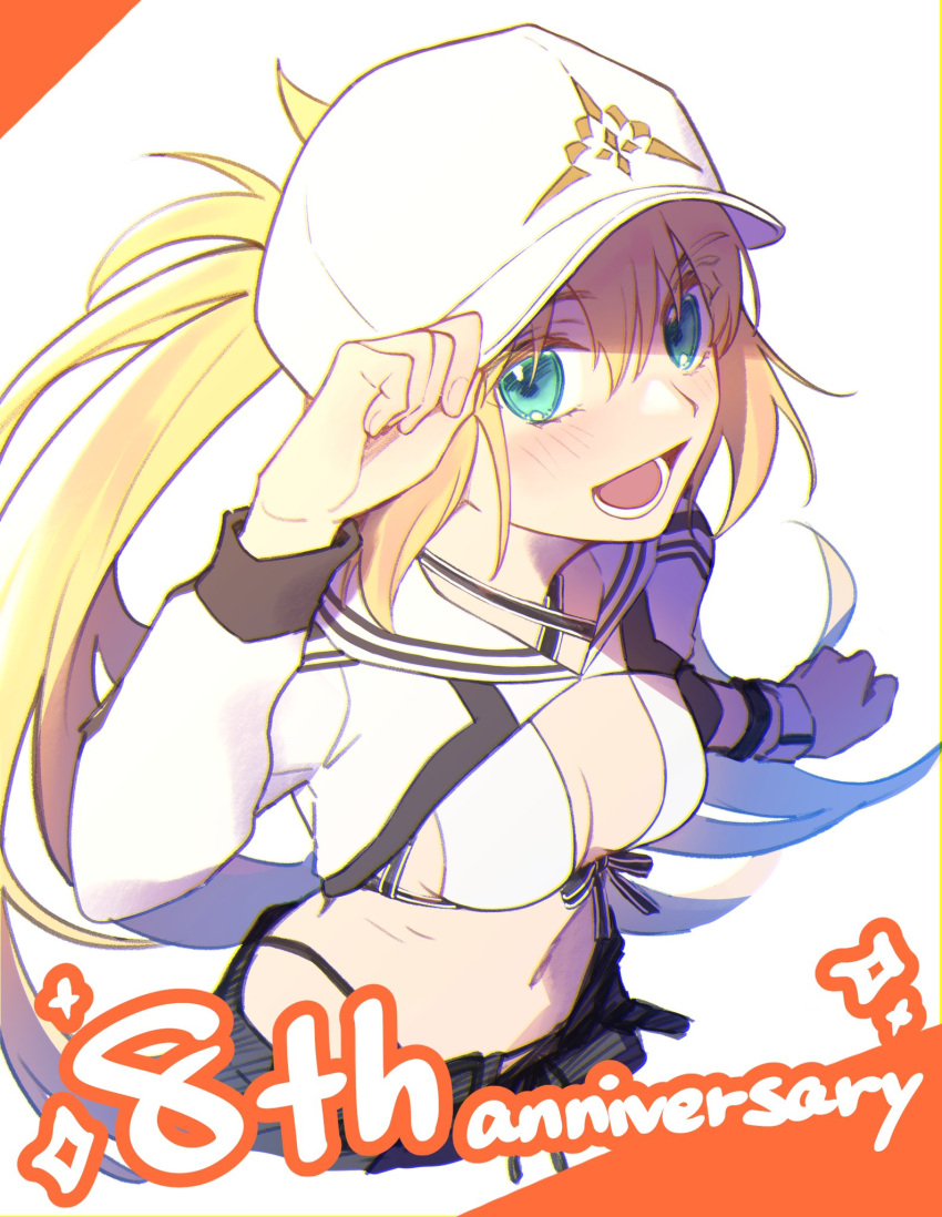 anniversary artoria_caster_(fate) artoria_caster_(swimsuit)_(fate) artoria_caster_(swimsuit)_(first_ascension)_(fate) artoria_pendragon_(fate) baseball_cap bikini blonde_hair blush breasts fate/grand_order fate_(series) female green_eyes hat highres long_hair looking_at_viewer open_mouth ponytail shayubi shrug_(clothing) small_breasts smile solo swimsuit upper_body white_bikini