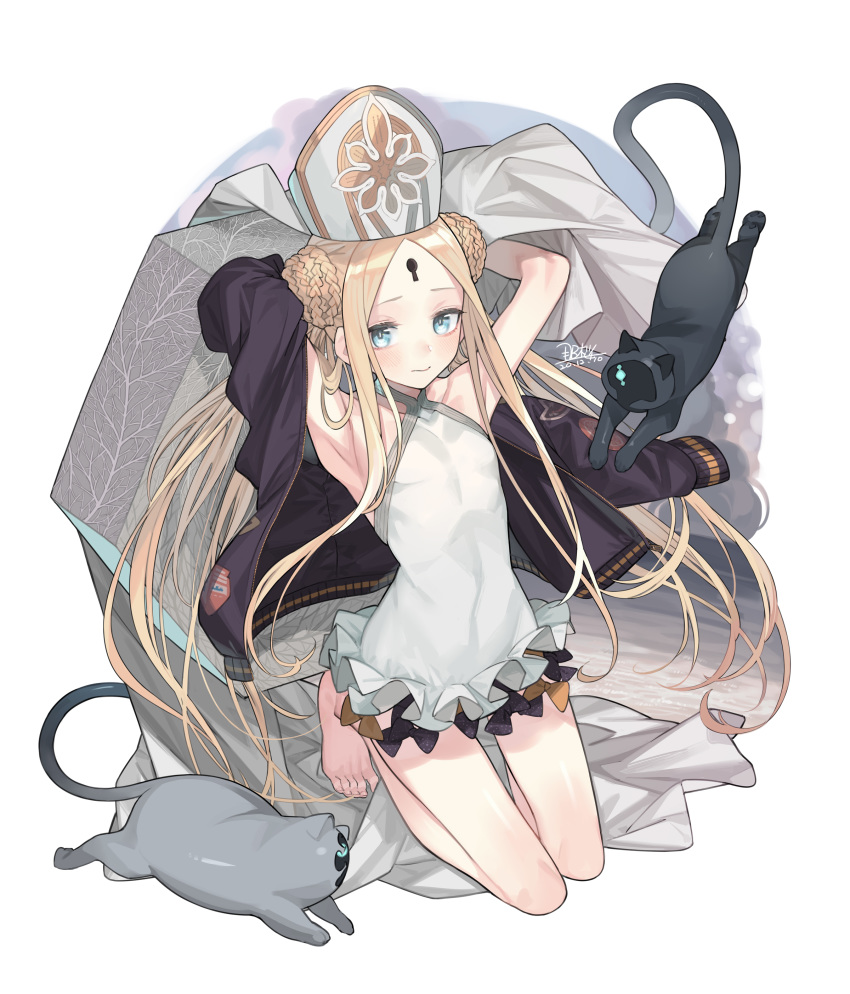 abigail_williams_(fate) abigail_williams_(swimsuit_foreigner)_(fate) abigail_williams_(swimsuit_foreigner)_(second_ascension)_(fate) absurdres animal armpits arms_up bare_legs bare_shoulders barefoot black_cat black_jacket blonde_hair blue_eyes blush braid commentary_request double_bun fate/grand_order fate_(series) feline female frilled_one-piece_swimsuit frills full_body hair_bun hat highres jacket keyhole long_hair mitre nao_(syn_eaa) one-piece_swimsuit parted_bangs solo swimsuit twintails very_long_hair white_hat white_one-piece_swimsuit