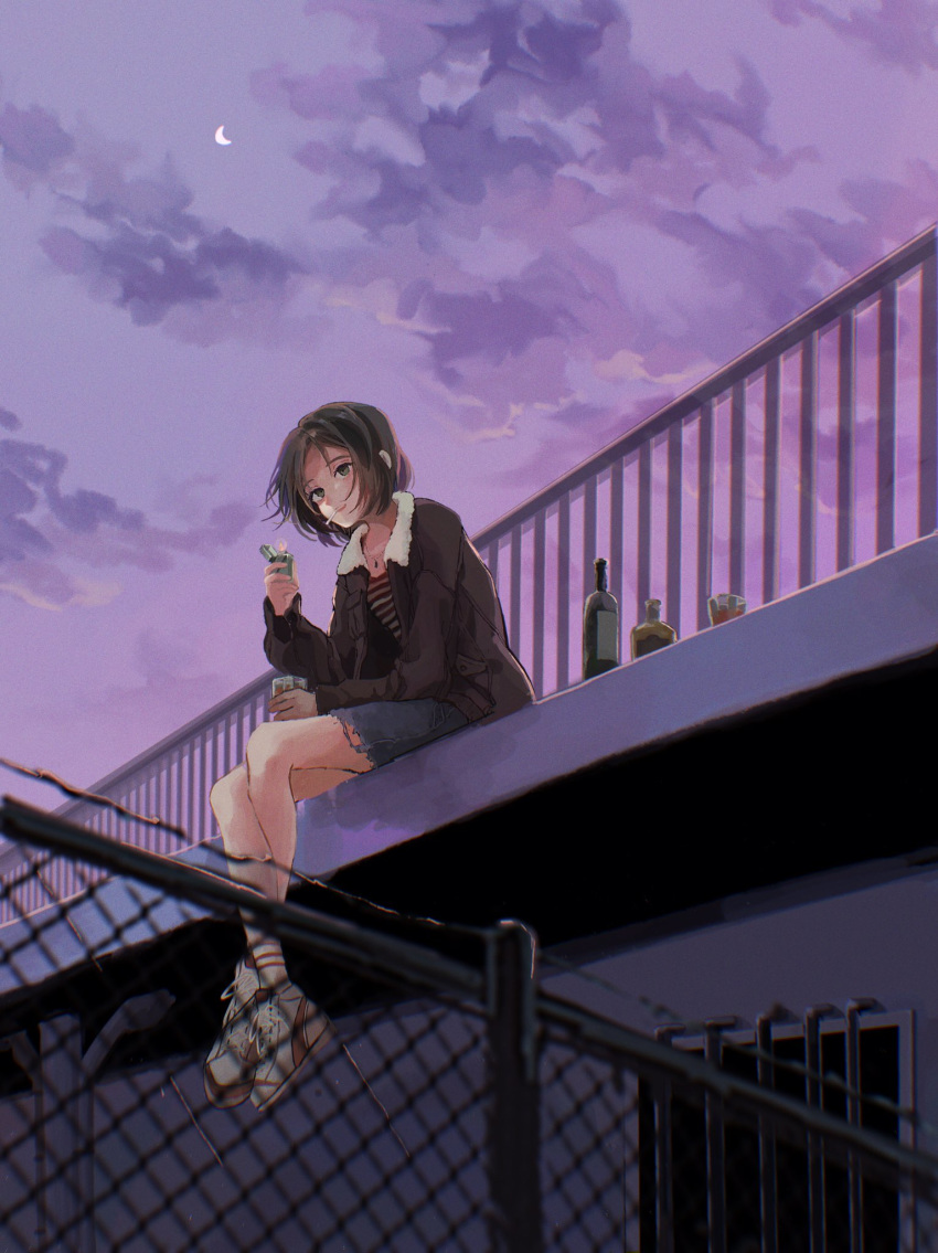 black_hair bottle brandy brown_hair cigarette crescent_moon cup drinking_glass female floating_hair highres looking_at_viewer moon night night_sky original outdoors puma_(brand) rooftop shoes short_hair shot_glass sitting sky smoking sneakers solo tabie wine_bottle