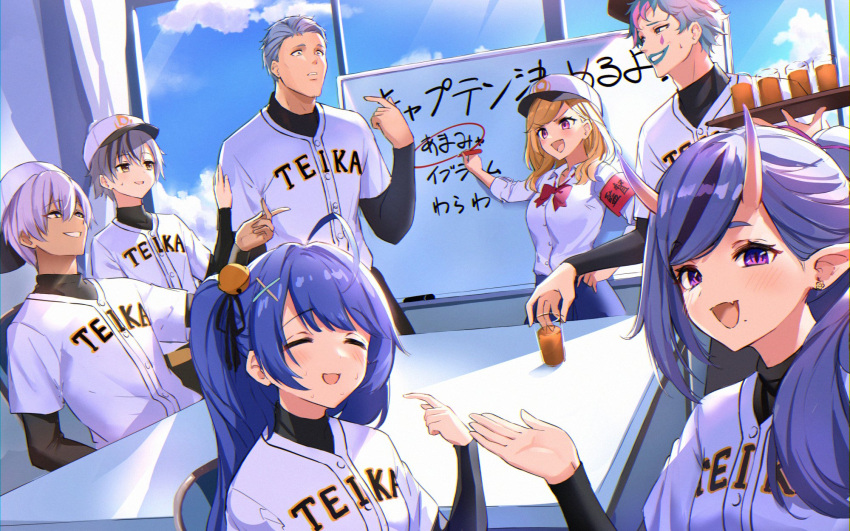 3girls 4boys =_= amamiya_kokoro armband baseball_uniform bell black_hair blonde_hair blue_hair blue_skirt breasts brown_eyes collared_shirt cup dark-skinned_male dark_skin green_hair grey_hair hair_behind_ear hair_bell hair_ornament highres holding holding_tray horns ibrahim_(nijisanji) indoors joe_rikiichi kakutasu maimoto_keisuke medium_breasts mole mole_under_mouth multicolored_hair multiple_boys multiple_girls nijisanji oerba_yun_fang oni_horns open_mouth pointing pointing_at_self pointy_ears purple_hair red_eyes shirt shirt_tucked_in skin_fang skirt smile sportswear streaked_hair suzuki_masaru takamiya_rion tray twintails virtual_youtuber white_shirt