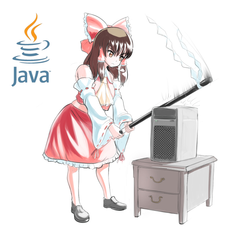 angry ascot bare_shoulders black_footwear bow brown_eyes brown_hair closed_mouth computer computer_tower crop_top detached_sleeves drawer female frilled_bow frilled_hair_tubes frills frown full_body gohei hair_tubes hairbow hakurei_reimu highres holding holding_stick java_(programming_language) long_hair long_sleeves midriff percussive_maintenance petticoat profitshame puff_of_air red_bow red_skirt red_vest sidelocks simple_background skirt solo standing stick touhou v-shaped_eyebrows vest white_background wide_sleeves yellow_ascot