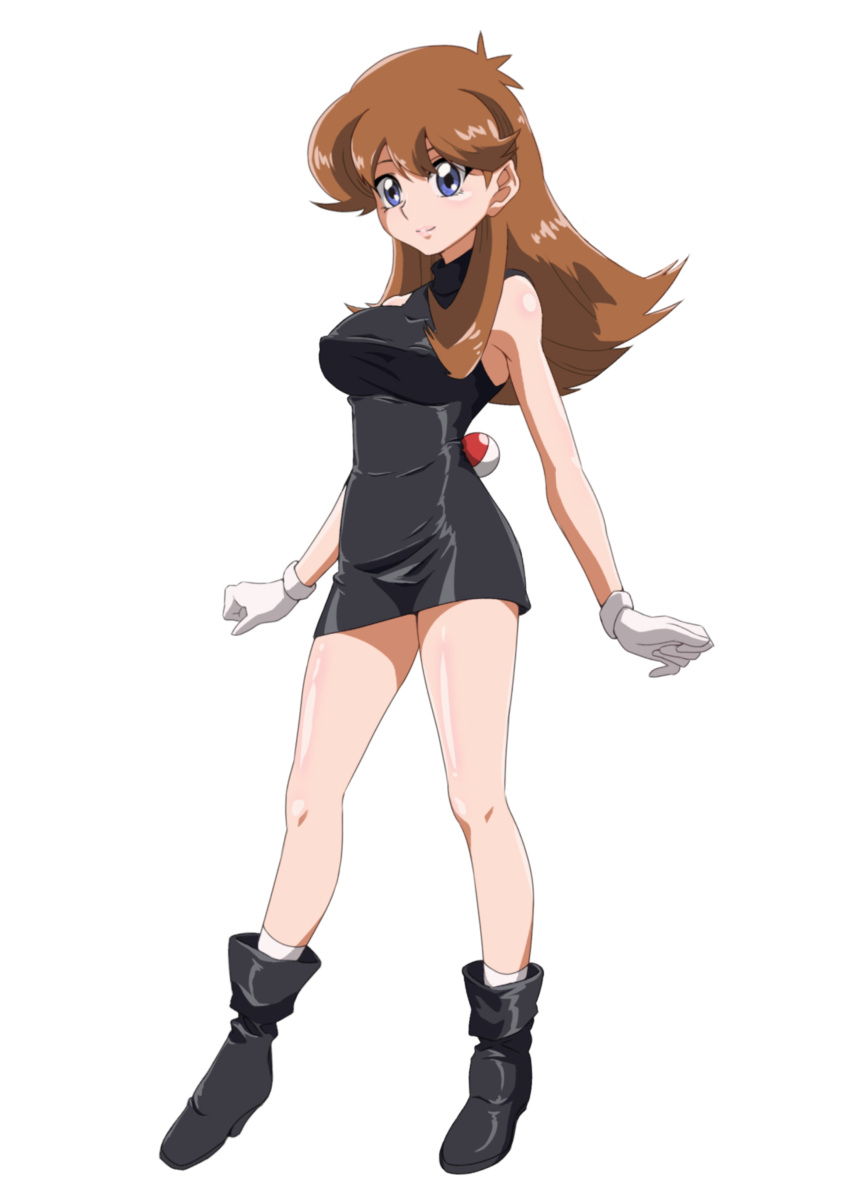 absurdres bare_arms black_dress black_footwear blue_eyes boots breasts brown_hair closed_mouth commentary_request dress female full_body gloves green_(pokemon) highres knees large_breasts long_hair poke_ball poke_ball_(basic) pokemon pokemon_adventures sakura_painter shiny_skin short_dress smile socks solo transparent_background white_gloves white_socks