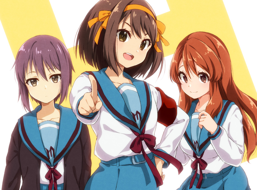 3girls armband asahina_mikuru blue_sailor_collar blue_skirt brown_cardigan brown_eyes brown_hair cardigan closed_mouth commentary_request expressionless h hair_ribbon hairband kita_high_school_uniform long_hair long_sleeves looking_at_viewer multiple_girls nagato_yuki neck_ribbon nyanmaru_(ememing) open_cardigan open_clothes open_mouth orange_hair purple_hair red_ribbon ribbon sailor_collar school_uniform serafuku short_hair skirt smile suzumiya_haruhi suzumiya_haruhi_no_yuuutsu winter_uniform yellow_hairband yellow_ribbon