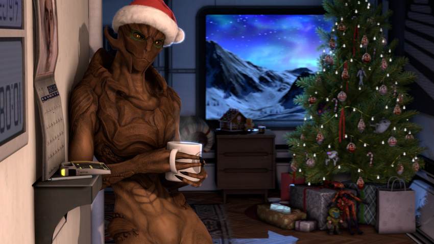 16:9 2021 3d_(artwork) 4k absurd_res against_surface against_wall alien bioware bodypaint calendar candy candy_cane christmas christmas_clothing christmas_headwear christmas_present christmas_tree clothing commander_shepard container cup dessert digital_media_(artwork) doll doom_(series) doom_slayer electronic_arts electronics face_paint female fish food gift gingerbread_house gingerbread_man hat hat_only headgear headgear_only headwear headwear_only hi_res holding_container holding_cup holding_object holidays id_software imp_(doom) inside leaning_on_wall looking_at_viewer marine mass_effect microsoft mostly_nude nicia nude plant santa_hat scientist shark solo source_filmmaker_(artwork) spider_mastermind_(doom) standing television tree turian voui widescreen yellow_eyes