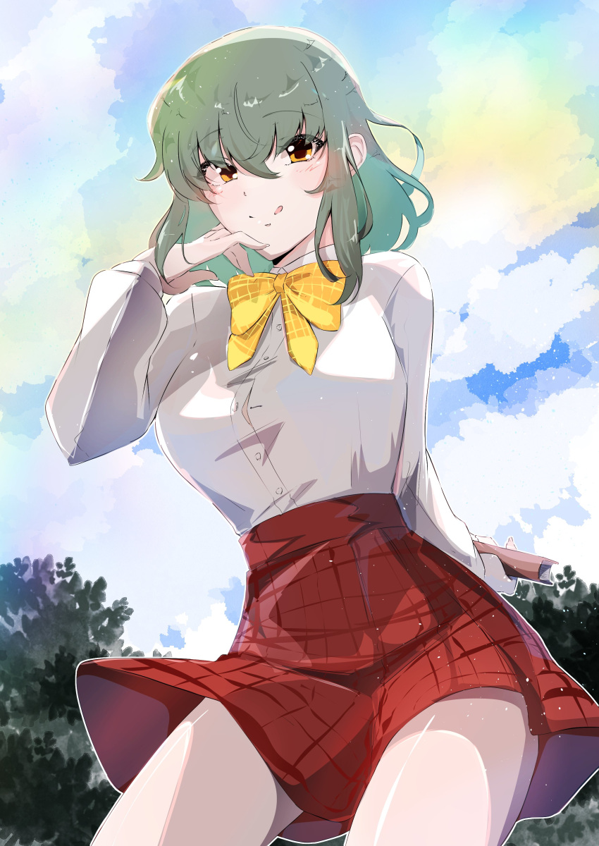 :p absurdres adapted_costume arm_behind_back book bow button_gap buttons closed_mouth female green_hair hair_between_eyes hand_on_own_cheek hand_on_own_face highres holding holding_book itocoh kazami_yuuka long_sleeves orange_eyes outdoors partially_unbuttoned plaid plaid_bow plaid_skirt red_skirt school_uniform shirt short_hair skirt thighs tongue tongue_out touhou white_shirt yellow_bow