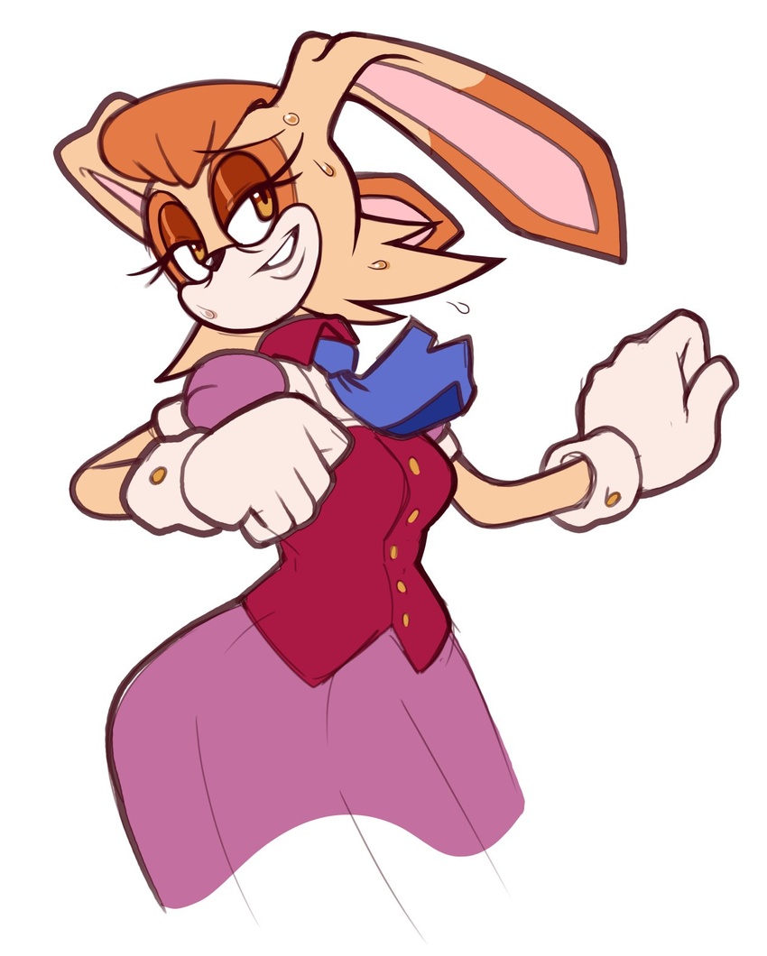 anthro bodily_fluids bottomwear clothing female galactabee gloves handwear hi_res lagomorph leporid mammal mature_anthro mature_female rabbit sega simple_background skirt solo sonic_the_hedgehog_(series) sweat topwear vanilla_the_rabbit vest white_background