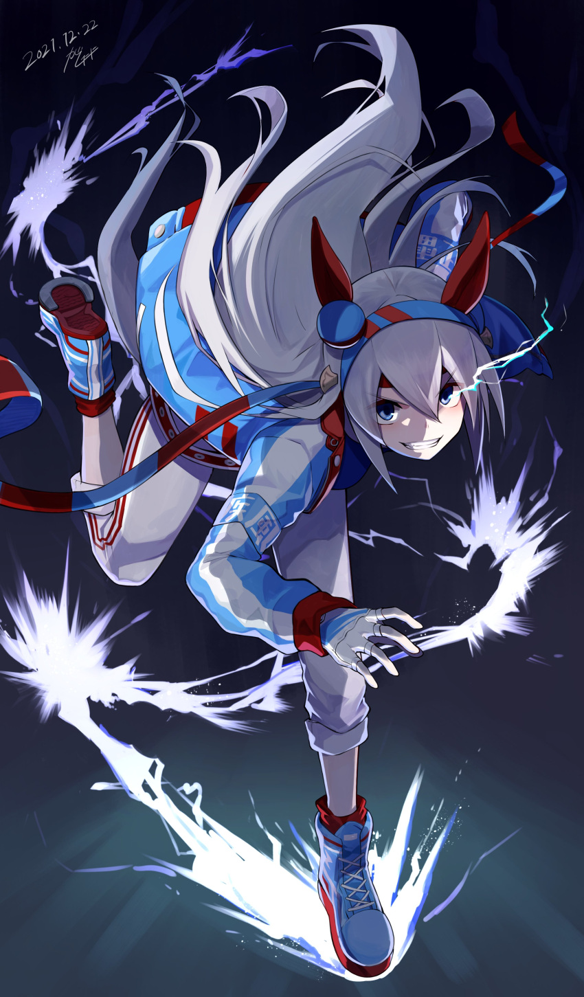 absurdres animal_ears blue_eyes blue_jacket dated female gashitani glowing glowing_eye grey_hair grin hairband headband highres horse_ears horse_girl horse_tail jacket leg_up lightning long_hair pants running shoes signature smile sneakers tail tamamo_cross_(umamusume) umamusume white_pants