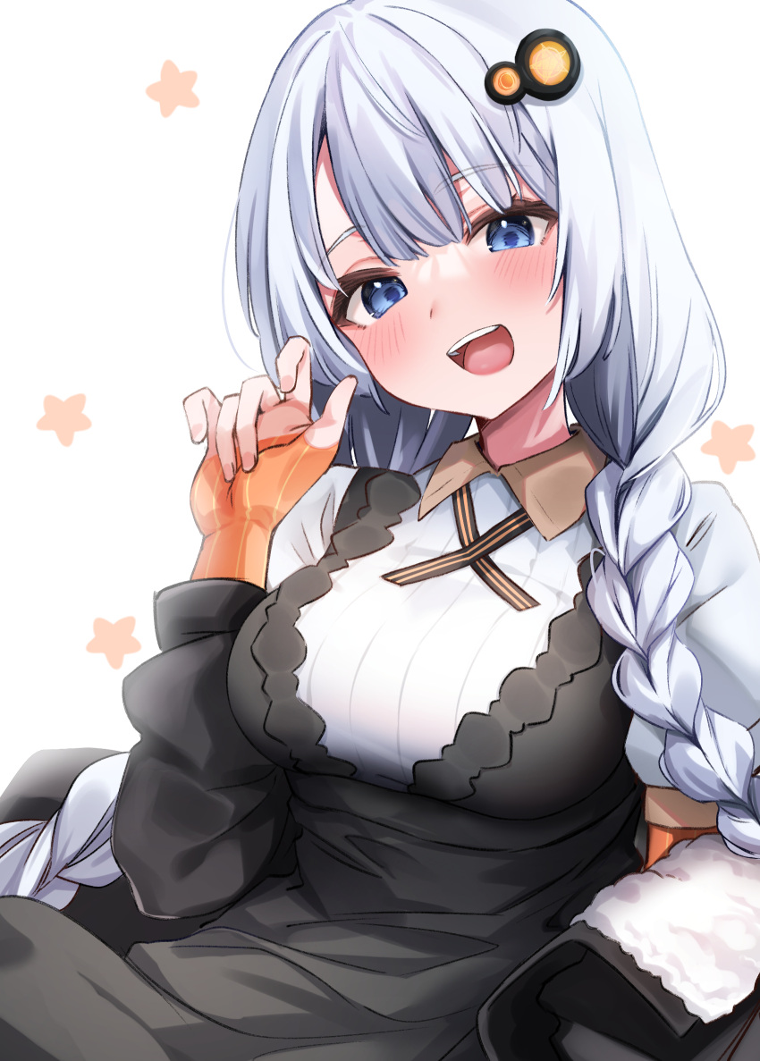 azumake_(azumakei) black_dress blue_eyes blush braid breasts collared_shirt dress elbow_gloves eyebrows_visible_through_hair female fingerless_gloves gloves hair_ornament highres kizuna_akari large_breasts long_hair open_mouth orange_gloves shirt silver_hair solo teeth twin_braids upper_body upper_teeth voiceroid white_background white_shirt