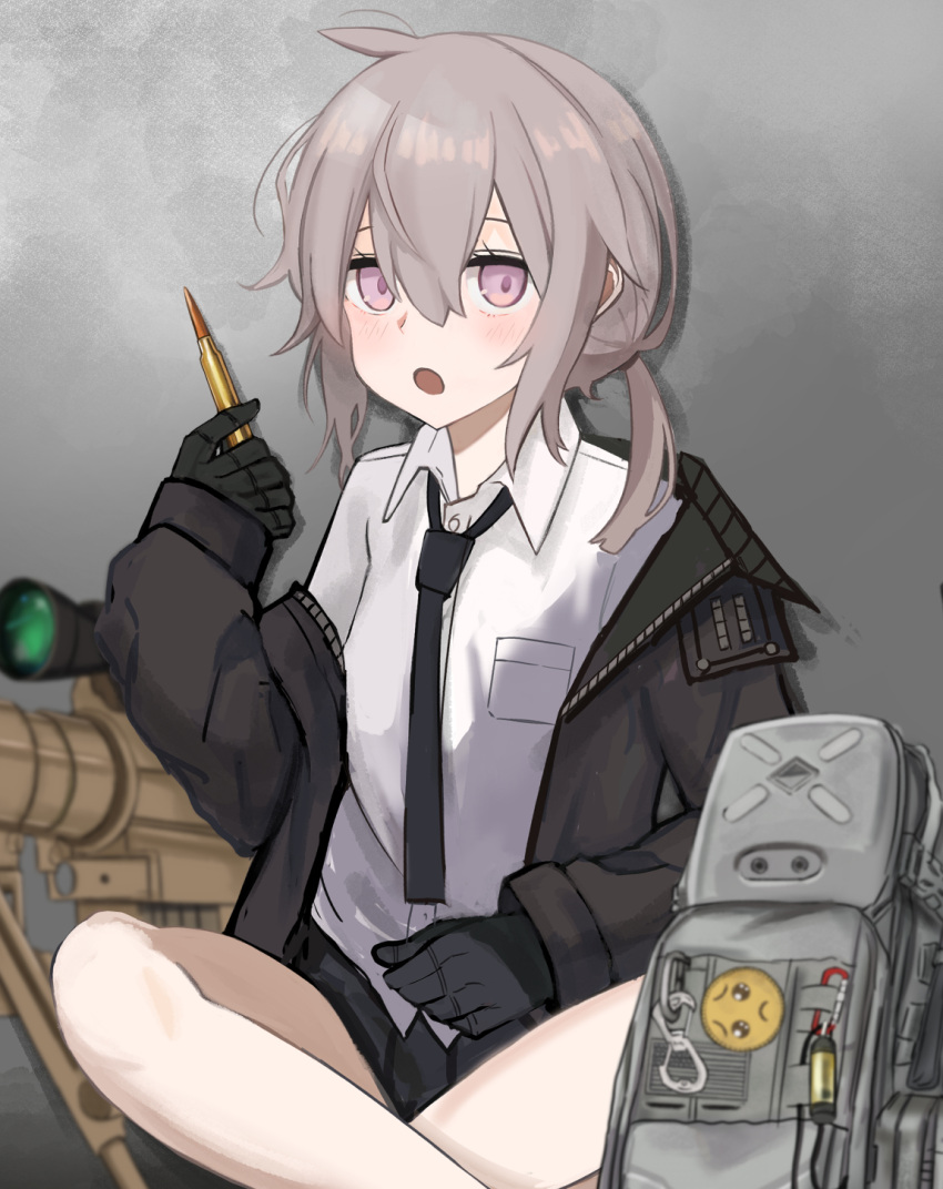 :o ahoge backpack bag black_gloves black_jacket black_necktie black_skirt bolt_action brown_hair bullet cheytac_m200 crossed_bangs female girls'_frontline gloves gun hair_between_eyes highres holding indian_style jacket koenza_botoke long_hair long_sleeves looking_at_viewer m200_(girls'_frontline) messy_hair necktie polo_shirt ponytail purple_eyes rifle shirt sidelocks simple_background sitting skirt sniper_rifle solo weapon white_shirt