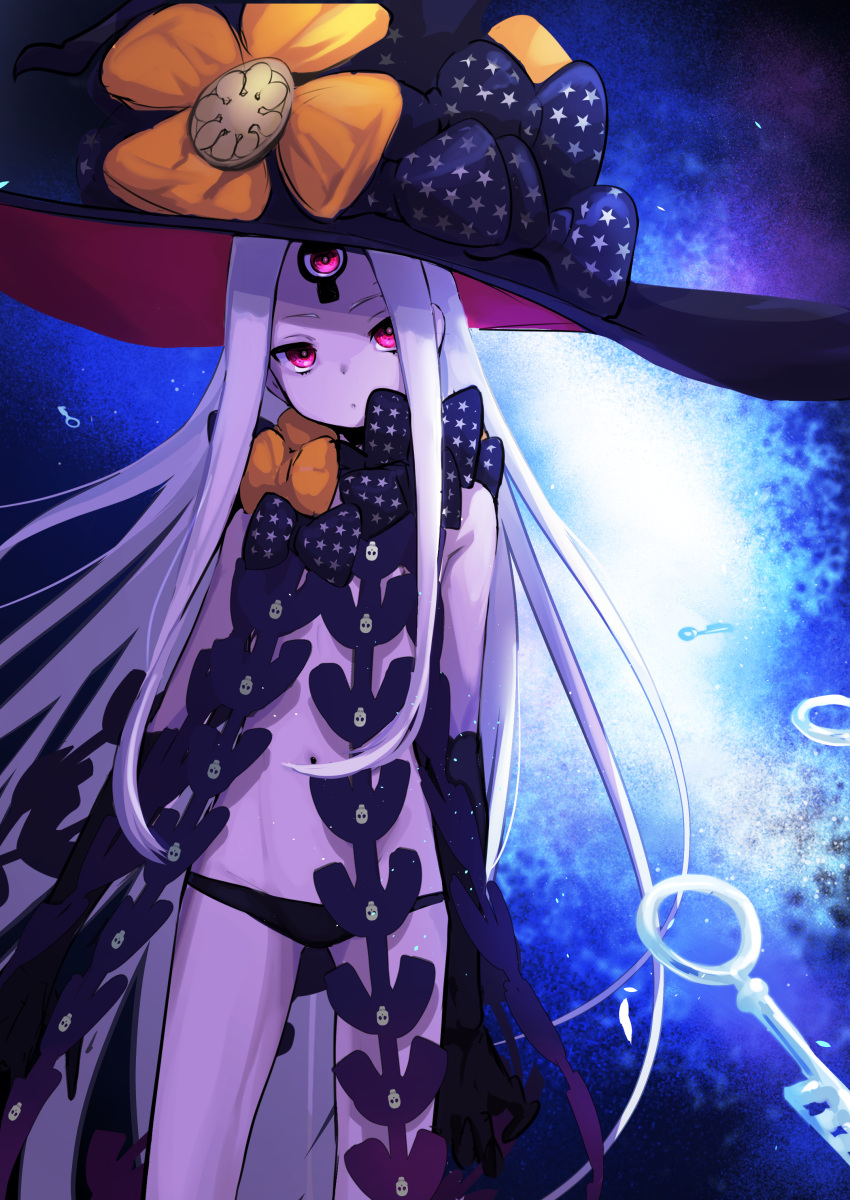 abigail_williams_(fate) abigail_williams_(third_ascension)_(fate) absurdres bare_shoulders black_bow black_hat black_panties blush bow breasts colored_skin fate/grand_order fate_(series) female forehead hairbow hat hat_bow highres key keyhole long_hair looking_at_viewer mightyjump98 multiple_hat_bows navel orange_bow panties parted_bangs polka_dot polka_dot_bow red_eyes small_breasts solo thighs third_eye underwear white_hair white_skin witch_hat