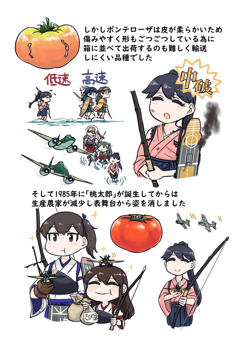 6+girls :t aircraft airplane akagi_(kancolle) bag black_hair commentary_request hakama hakama_skirt highres hiryuu_(kancolle) hiryuu_kai_ni_(kancolle) houshou_(kancolle) japanese_clothes kaga_(kancolle) kantai_collection kimono long_hair motherly multiple_girls muneate ponytail satchel seiran_(mousouchiku) shoukaku_(kancolle) shoukaku_kai_ni_(kancolle) simple_background skirt souryuu_(kancolle) souryuu_kai_ni_(kancolle) tasuki tomato translation_request white_background zuikaku_(kancolle)