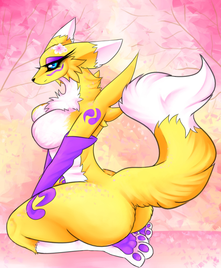 absurd_res anthro ass bandai_namco breasts canid cassielink cherry_blossom digimon digimon_(species) digital_media_(artwork) exposed_breasts female flower hi_res mammal nude plant prunus_(flower) renamon renamonpaws solo wide_hips