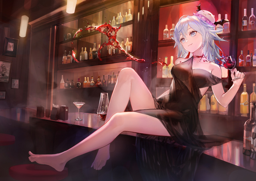 absurdres alcohol ambiguous_red_liquid bar_(place) bare_arms bare_legs bare_shoulders barefoot black_dress blood blue_eyes blue_hair bottle breasts chinese_commentary closed_mouth commentary_request counter cup dress drinking_glass fang_out feet female full_body haiyi hemokinesis highres holding holding_cup indoors injury jellyfish_hair_ornament legs leiq long_hair looking_away medium_breasts oerba_yun_fang sitting smile solo strap_slip synthesizer_v wine_glass