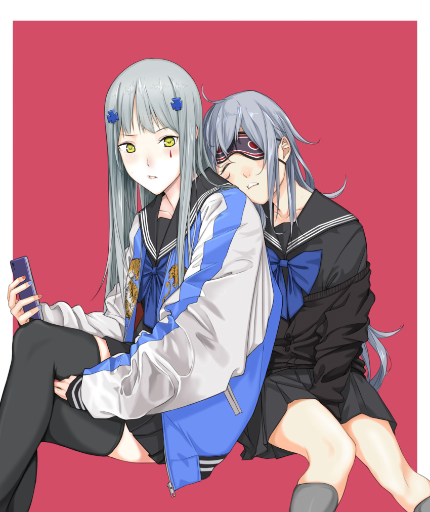 2girls black_skirt black_socks black_thighhighs blue_bow blue_bowtie blue_hair blush bow bowtie cardigan cellphone closed_eyes closed_mouth collarbone commentary crossed_legs g11_(girls'_frontline) girls'_frontline green_eyes grey_hair highres hk416_(girls'_frontline) holding holding_phone jacket long_hair looking_at_viewer mask_over_one_eye multiple_girls phone purple_background school_uniform simple_background sitting skirt sleep_mask smartphone socks thighhighs yitiao_er-hua