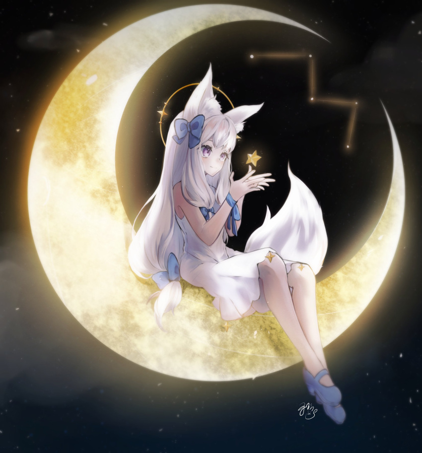 animal_ears bow caci_vulpecula cassiopeia_(constellation) cloud constellation crescent_moon cupping_hands dress female fox_ears fox_girl fox_tail halo highres indie_virtual_youtuber long_hair mashiro_io md5_mismatch moon object_floating_above_hand on_crescent own_hands_together resolution_mismatch shoes sitting solo source_smaller star_(sky) tail very_long_hair virtual_youtuber white_hair