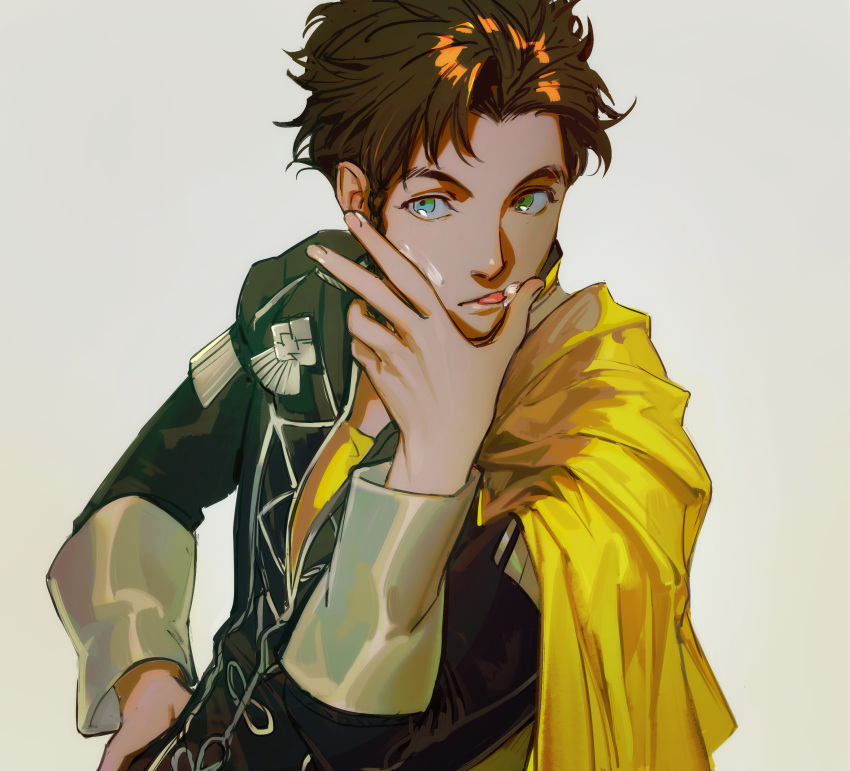 1boy :q absurdres black_hair black_jacket braid cape claude_von_riegan cream cream_on_face fire_emblem fire_emblem:_three_houses food food_on_face garreg_mach_monastery_uniform green_eyes grey_background hand_up highres jacket kkia long_sleeves looking_away male_focus short_hair side_braid simple_background single_braid solo tongue tongue_out upper_body yellow_cape