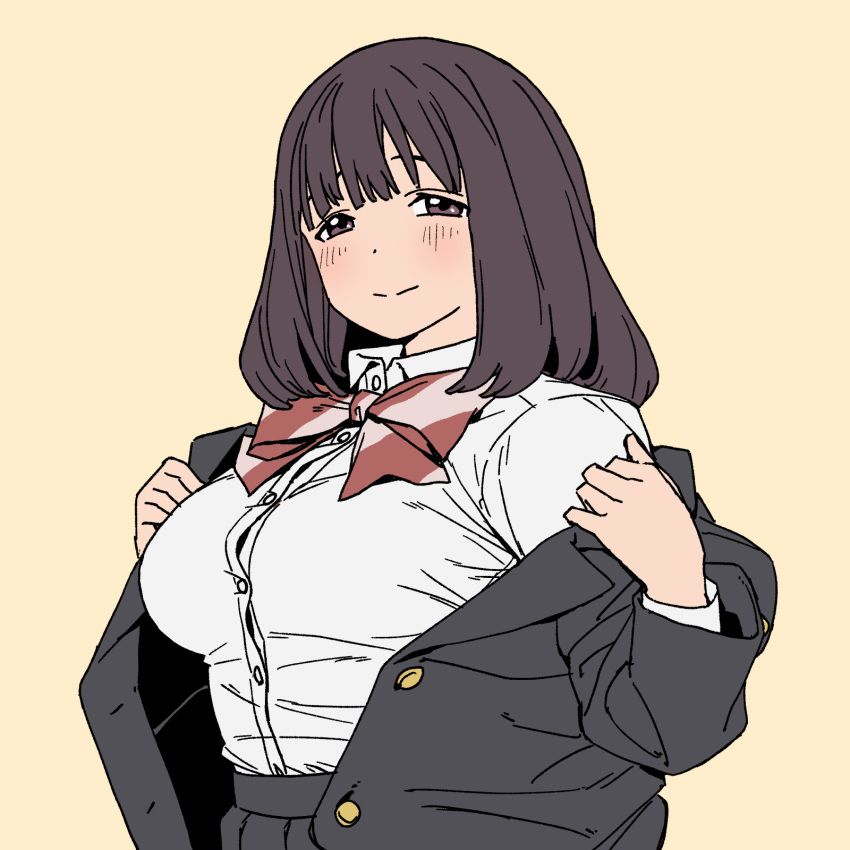 akebi-chan_no_serafuku black_jacket black_skirt breasts brown_eyes brown_hair buttons female highres jacket medium_breasts onsen_tamago_(hs_egg) open_clothes open_jacket roubai_academy_school_uniform_(new) school_uniform shijou_riona shirt simple_background skirt solo undressing upper_body white_shirt yellow_background