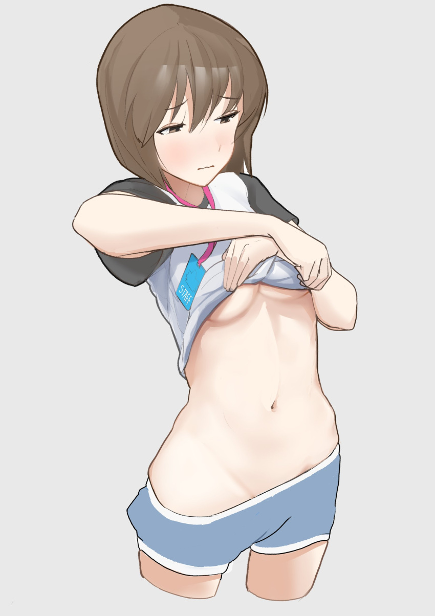 absurdres blue_shorts blush bob_cut breasts brown_eyes brown_hair ch2haya_p clothes_lift cropped_legs embarrassed female grey_background groin hagiwara_yukiho highres idolmaster idolmaster_(classic) idolmaster_million_live! idolmaster_million_live!_theater_days inverted_bob lanyard medium_breasts midriff navel raglan_sleeves shirt shirt_lift short_sleeves shorts simple_background solo stomach underboob wavy_mouth white_shirt