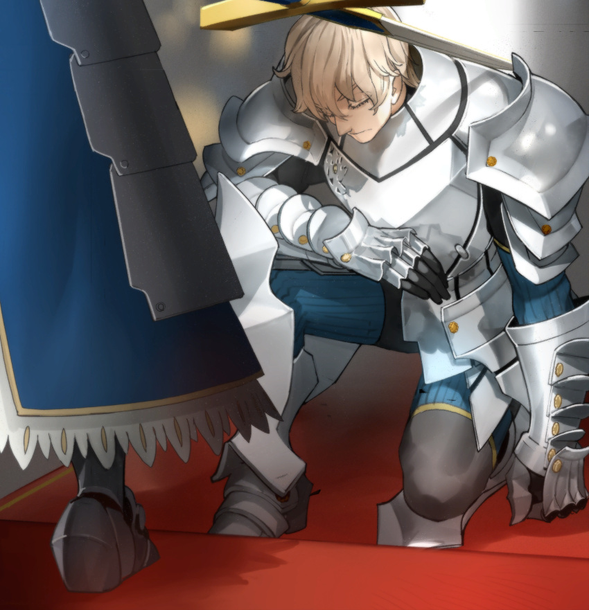 1boy armor armored_boots armored_dress armored_skirt artoria_pendragon_(fate) black_gloves blonde_hair blue_dress blurry blurry_background boots bowing closed_eyes closed_mouth dress excalibur_(fate/stay_night) fate/extella fate/extra fate/stay_night fate_(series) female game_cg gauntlets gawain_(fate) gloves highres knighting long_sleeves non-web_source official_art on_one_knee out_of_frame photoshop_(medium) red_carpet saber_(fate) shoulder_armor solo_focus sword wada_arco weapon