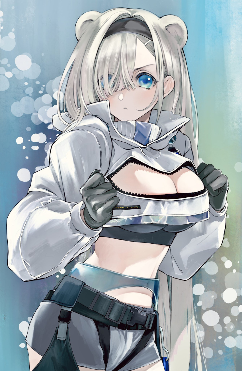 animal_ears arknights aurora_(arknights) bear_ears bear_girl belt black_hairband black_shirt blue_eyes breasts cleavage cleavage_cutout clothing_cutout crop_top cropped_jacket eyes_visible_through_hair female gloves grey_shorts hair_over_one_eye hairband highres jacket long_hair midriff okome_(okome9219) pouch shirt shorts shrug_(clothing) solo unzipped upper_body white_hair white_jacket