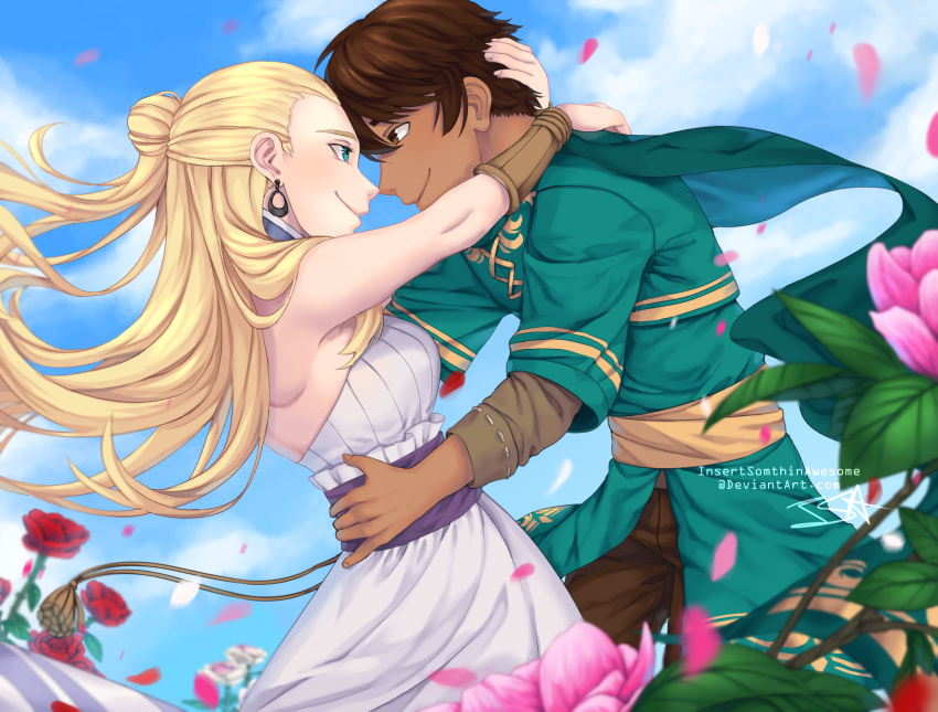 1boy artist_name bare_shoulders blonde_hair brown_eyes brown_hair brown_pants cape closed_mouth commentary_request couple dark_skin deviantart_username dress earrings female flower green_cape green_eyes hair_bun hand_on_own_hip highres hug insertsomthinawesome jewelry long_hair long_sleeves looking_at_another pants petals pink_flower professor_ozpin red_flower rose rwby salem_(rwby) sash short_hair sidelocks single_hair_bun sleeveless sleeveless_dress smile standing straight white_dress wind wristband yellow_sash