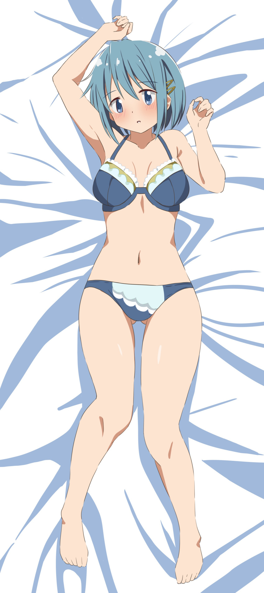 absurdres bad_id bad_pixiv_id barefoot bed_sheet blue_eyes blue_hair bra breasts dakimakura_(medium) female full_body hair_ornament hairclip hateri highres looking_at_viewer lying mahou_shoujo_madoka_magica mahou_shoujo_madoka_magica_(anime) miki_sayaka navel on_back panties short_hair solo underwear underwear_only