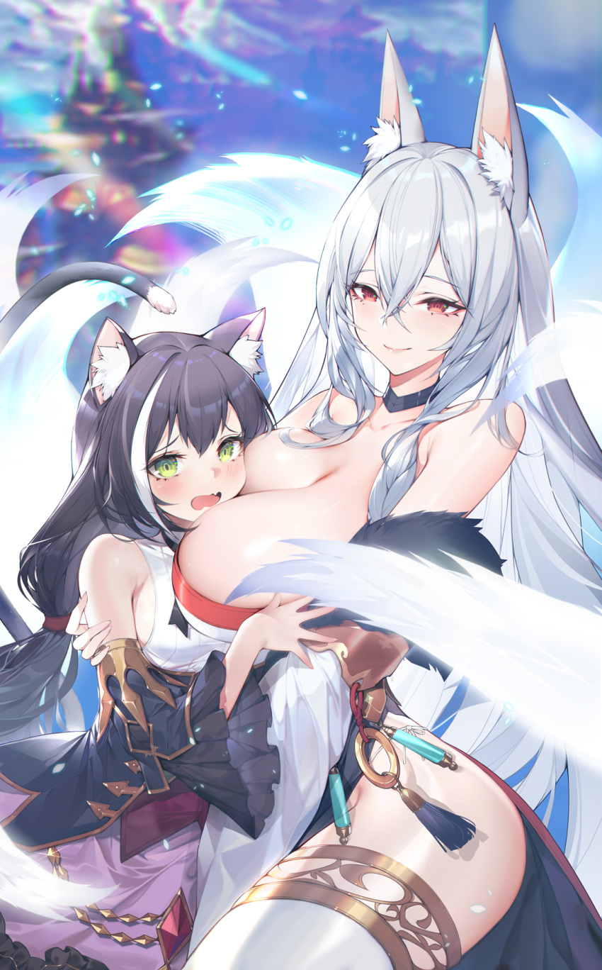 2girls animal_ear_fluff animal_ears bare_hips bare_shoulders black_hair blurry blurry_background blush breast_press breasts calder cat_ears cat_girl cat_tail cleavage closed_mouth collarbone crossed_bangs detached_sleeves dress face_to_breasts fox_ears fox_girl frills green_eyes hair_between_eyes highres holding hug karyl_(princess_connect!) large_breasts long_hair looking_at_viewer multicolored_hair multiple_girls oerba_yun_fang open_mouth princess_connect! red_eyes senri_mana_(princess_connect!) side_slit skin_fang small_breasts streaked_hair tail tassel thick_thighs thighhighs thighs very_long_hair white_hair white_thighhighs wide_sleeves