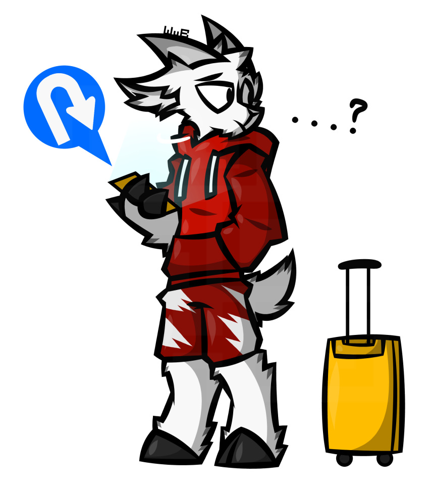 alpha_channel anthro bottomwear bovid caprine clothing confusion electronics fur goat gps hand_in_pocket hi_res holding_object holding_phone hoodie hooves horn inner_ear_fluff looking_away looking_back male mammal phone pockets red_clothing redesign short_tail shorts signature solo tail text topwear travel_bag tuft url watermark white_body white_fur wub_(artist)