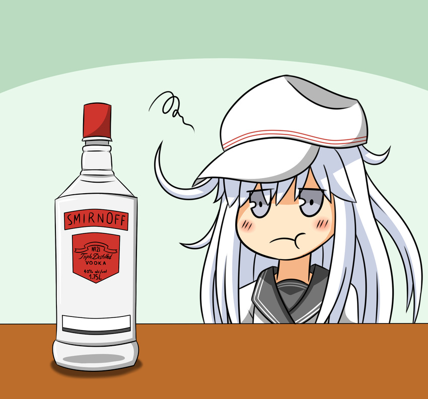 alcohol commentary english_commentary female frown grey_eyes hat hibiki_(kancolle) highres kantai_collection long_hair lunarisaileron pout school_uniform serafuku smirnoff_(vodka) solo verniy_(kancolle) vodka white_hair