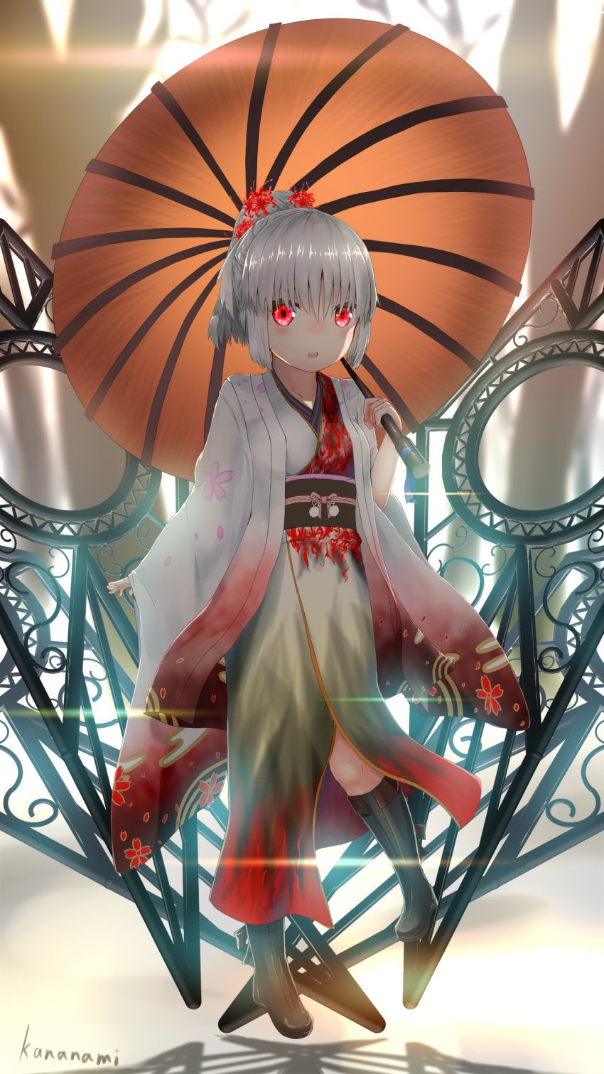 absurdres artist_name boots commentary_request female flower grey_hair hair_flower hair_ornament highres holding holding_umbrella japanese_clothes kana_ami kimono lens_flare oil-paper_umbrella original red_eyes short_hair solo spider_lily umbrella white_hair