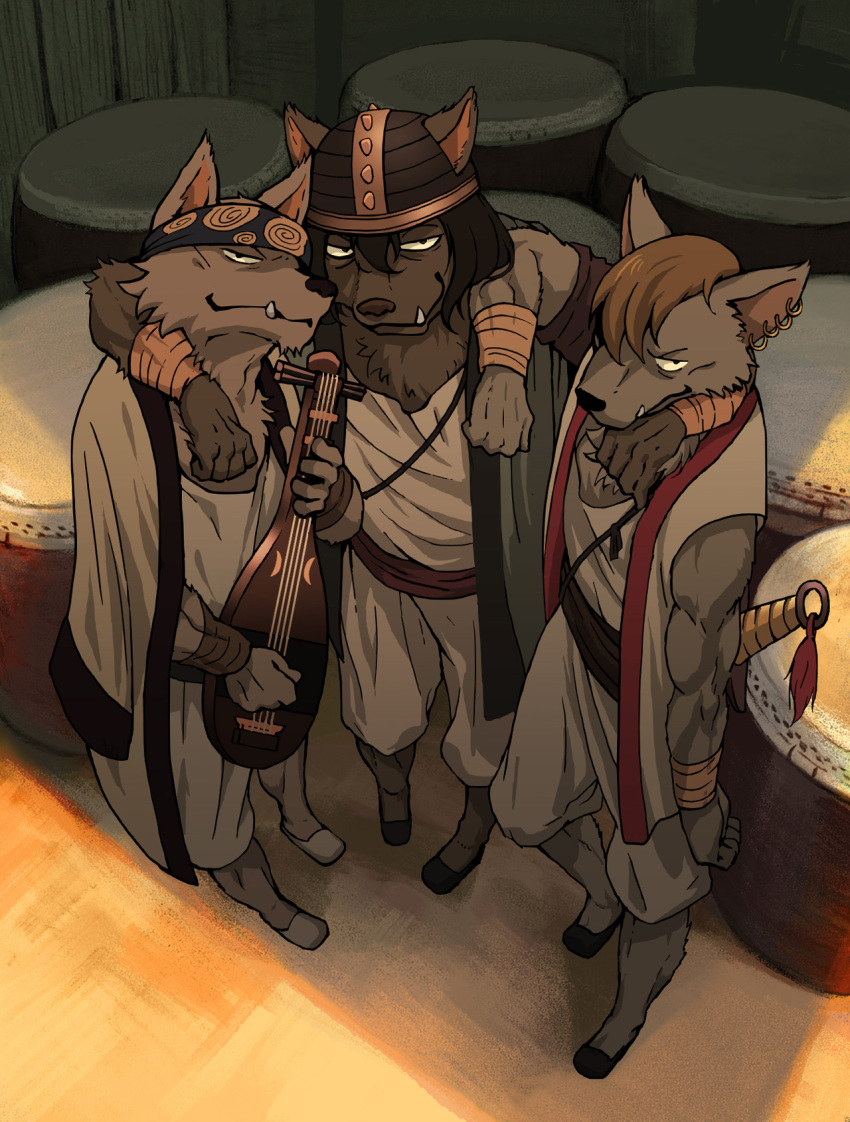 anthro biwa_lute canid canine canis group hi_res incarnata kemono looking_at_viewer male mammal musical_instrument smile smirk wolf