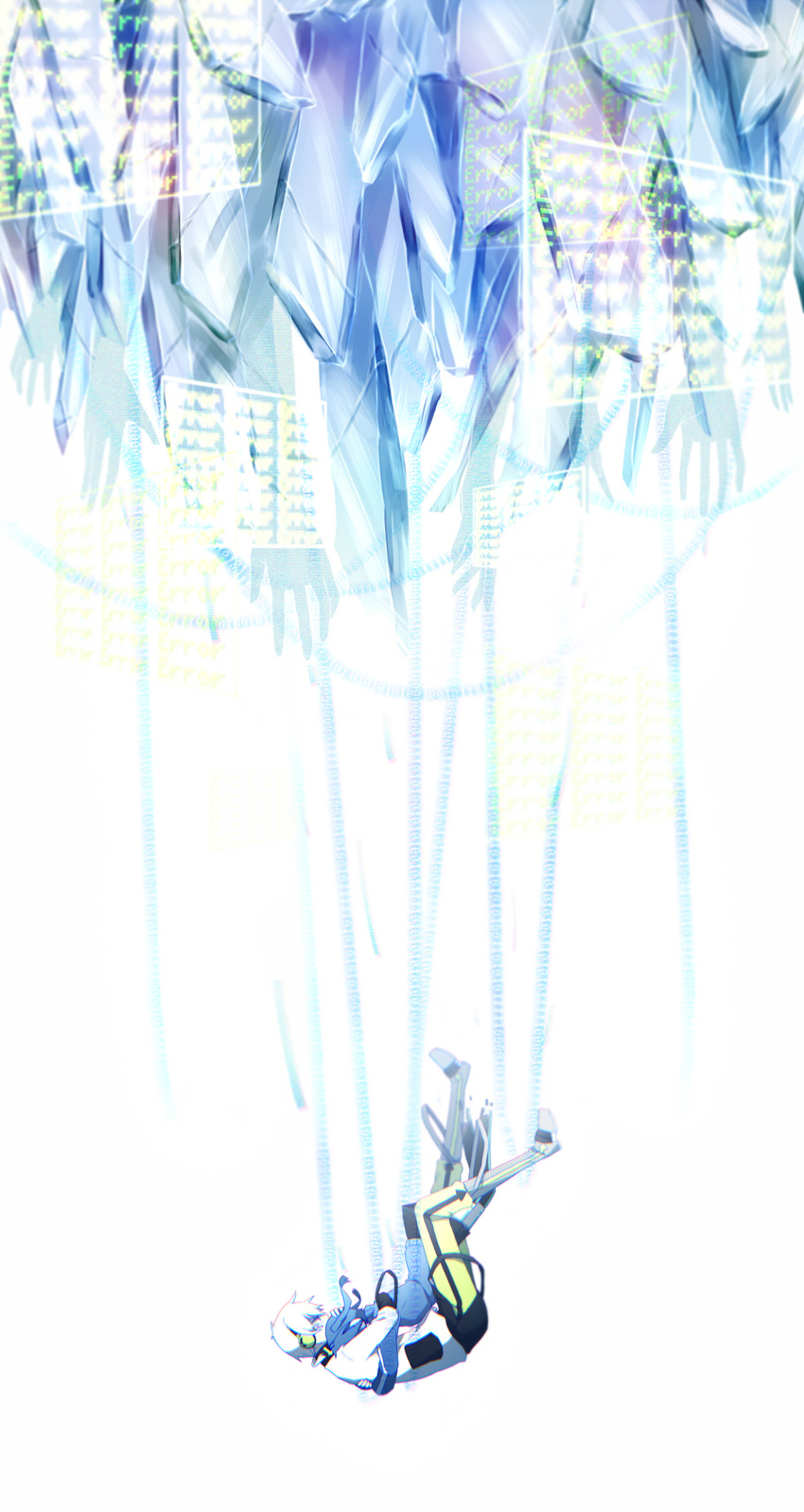 1boy arrow_(symbol) bad_id bad_pixiv_id black_footwear black_legwear black_skirt blue_hair blue_jacket boots couple covered_face covered_mouth digital_dissolve ene_(kagerou_project) english_text falling female floating_screen from_side hand_on_another's_back hand_on_another's_head hands head_on_chest headphones highres hug jacket kagerou_project konoha_(kagerou_project) long_hair long_sleeves miniskirt pants profile reaching shards skirt straight thighhighs tonari_(z7x8c9) track_jacket twintails white_background white_hair yellow_pants