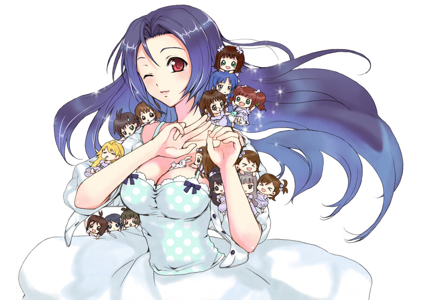 akizuki_ritsuko akizuki_ryou amami_haruka blue_hair chibi cleavage dress futami_ami futami_mami ganaha_hibiki hagiwara_yukiho hidaka_ai hoshii_miki idolmaster kabkin kikuchi_makoto kisaragi_chihaya long_hair minase_iori miura_azusa mizutani_eri red_eyes shijou_takane takatsuki_yayoi wink