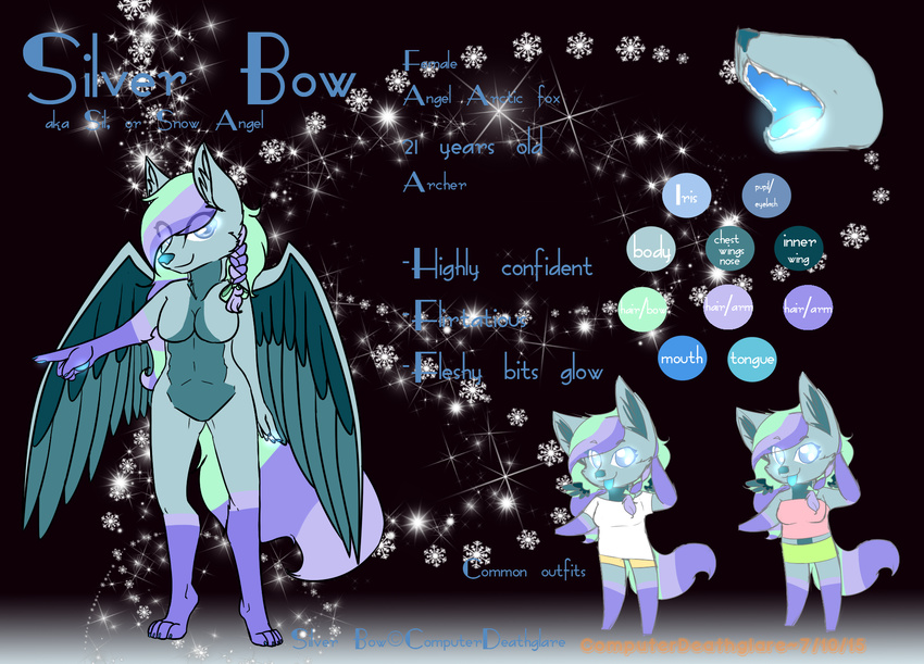 angel arctic_fox avian bioluminescence blue_body blue_eyes blue_fur bottomwear bow_(disambiguation) braided_hair canid canine chibi clothing computerdeathglare crop_top english_text female fox fur glowing green_body green_fur hair hi_res mammal model_sheet multicolored_hair neon pastel_theme purple_body purple_fur shirt silver_bow skirt snow solo text topwear true_fox wings