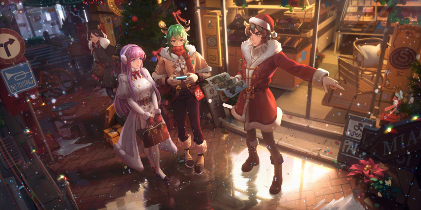 1boy 3girls andromeda_shun antlers bad_id bad_pixiv_id bicycle black_hair black_legwear blue_eyes boots bow box brown_hair christmas_tree closed_mouth earmuffs fur_trim gift gift_box gloves green_eyes green_hair handheld_game_console hat highres horns ibara_dance kido_saori leo_aiolia long_hair map multiple_girls night outdoors pandora_(saint_seiya) pink_hair pointing puddle red_bow red_gloves ribbed_sweater road_sign saint_seiya saint_seiya:_rising_cosmo santa_costume santa_hat shop sign snowing standing sweater tencent_qq walking white_gloves window