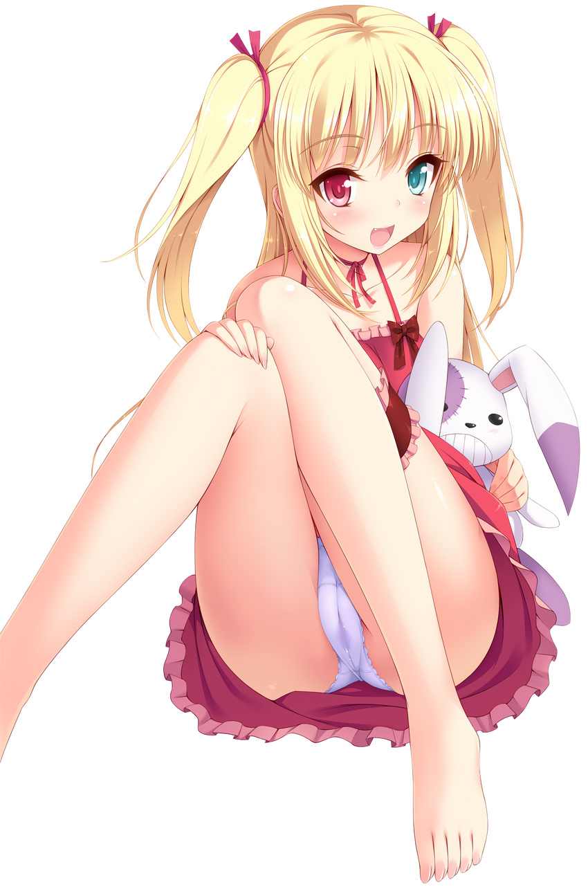 barefoot blonde_hair blush boku_wa_tomodachi_ga_sukunai cygnus_(cygnus7) dress extraction female hasegawa_kobato heterochromia highres looking_at_viewer mg_renders neck_ribbon open_mouth panties pantyshot ribbon smile solo transparent_background two_side_up underwear white_panties