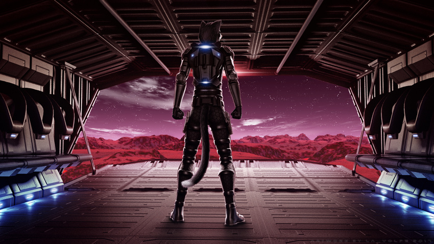 16:9 2017 3d_(artwork) amazing_background armor black_body black_fur bodysuit clothing dan_scarlet detailed detailed_background digital_media_(artwork) domestic_cat dropship felid feline felis fur gun handgun hi_res jet_pack male mammal night pink_nose pistol ranged_weapon skinsuit solo space star tight_clothing weapon white_body white_fur widescreen