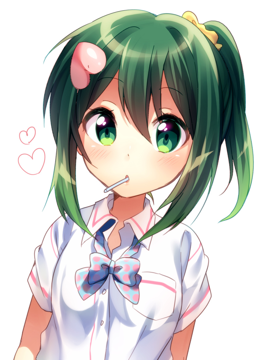 bad_id bad_twitter_id blue_bow blue_bowtie blush bow bowtie breast_pocket candy female food green_eyes green_hair hair_ornament heart heart_hair_ornament highres lollipop looking_at_viewer ntk_(7t5) parted_lips pocket polka_dot polka_dot_bow polka_dot_bowtie ponytail scrunchie serizawa_momoka short_hair short_sleeves solo tokyo_7th_sisters upper_body yellow_scrunchie