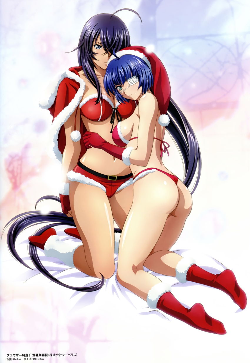 2girls absurdres ahoge antenna_hair artist_name ass blue_eyes blue_hair breasts cleavage copyright_name eyepatch fingerless_gloves gloves green_eyes hair_over_one_eye hat highleg highleg_panties highres ikkitousen kan'u_unchou kneeling large_breasts long_hair looking_at_viewer mole mole_under_mouth multiple_girls navel official_art panties rin-sin ryomou_shimei santa_bra santa_costume santa_hat short_hair smile underwear very_long_hair