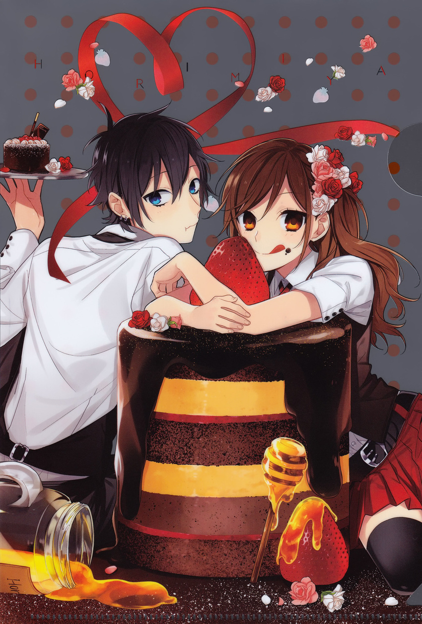 1boy artist_request belt black_belt black_hair black_thighhighs blue_hair brown_hair cake closed_mouth collared_shirt earrings female fingernails flower food food_on_face fruit hair_flower hair_ornament highres holding holding_plate honey hoop_earrings hori-san_to_miyamura-kun hori_kyouko jar jewelry long_hair long_sleeves looking_at_viewer miyamura_izumi official_art orange_eyes plate red_flower red_ribbon red_skirt ribbon scan shirt short_hair short_sleeves sitting skirt strawberry thighhighs third-party_source tongue tongue_out white_flower