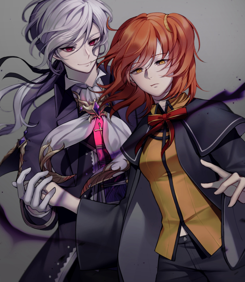 1boy ahoge ascot aura capelet collared_shirt commentary_request cowboy_shot cross dark_aura edmond_dantes_(fate) edmond_dantes_(monte_cristo_uniform)_(fate) fate/grand_order fate_(series) female fujimaru_ritsuka_(female) fujimaru_ritsuka_(female)_(mage's_association_uniform) gloves highres holding_hands mohazzing necktie official_alternate_costume ponytail red_eyes red_hair ribbon scrunchie shirt side_ponytail simple_background smile symbol-shaped_pupils waistcoat white_gloves white_hair yellow_eyes