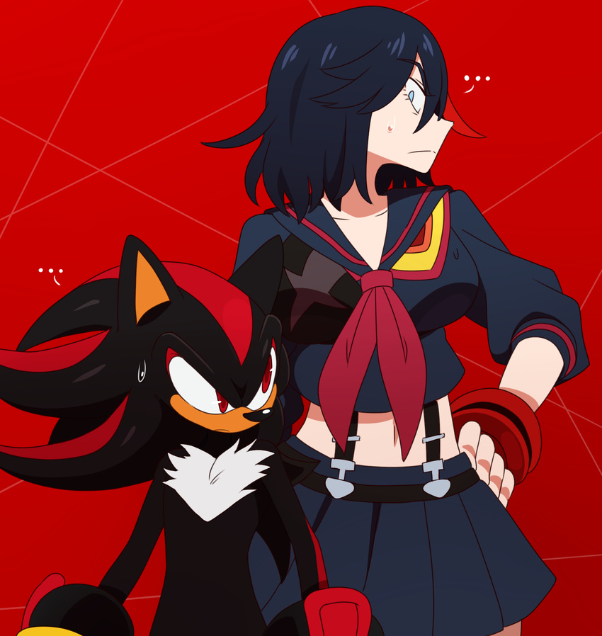 1boy color_connection commentary crossover english_commentary eric_lowery female furry highres kill_la_kill matoi_ryuuko midriff red_background school_uniform senketsu serafuku shadow_the_hedgehog short_hair skirt sonic_(series) suspenders sweat trait_connection