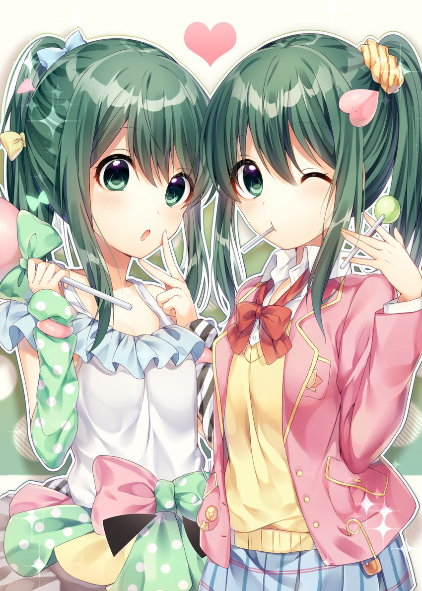 2girls bow bowtie breasts candy character_request cleavage collarbone eyebrows_visible_through_hair food green_eyes green_hair hair_ornament hairbow heart_hair_ornament highres large_breasts lollipop long_sleeves looking_at_viewer multiple_girls ntk_(7t5) one_eye_closed open_mouth red_bow red_bowtie tokyo_7th_sisters yellow_bow