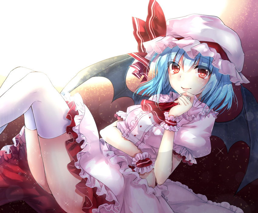 bad_id bad_pixiv_id bat_wings blue_hair blush female hat looking_at_viewer red_eyes remilia_scarlet short_hair smile solo thighhighs touhou umeko_(koori_ume) white_thighhighs wings wrist_cuffs