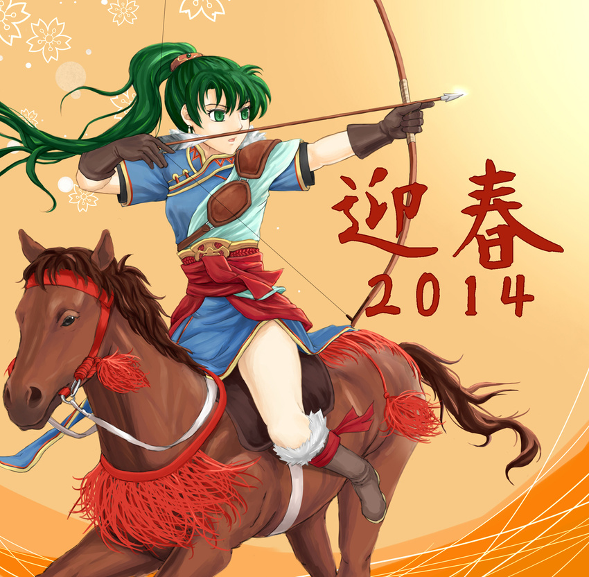 2014 bad_id bad_pixiv_id female fire_emblem fire_emblem:_the_blazing_blade gloves green_eyes green_hair horse horseback_archery horseback_riding long_hair lyn_(fire_emblem) pazuzu438 photoshop_(medium) ponytail riding solo weapon