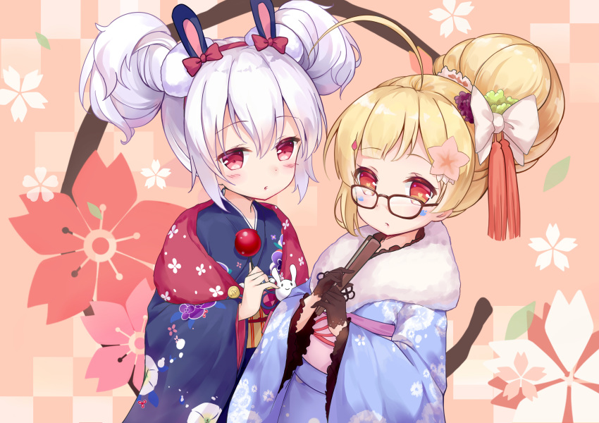 2girls absurdres ahoge animal_ears azur_lane blonde_hair breasts candy_apple cannian_dada chinese_commentary commentary double_bun eldridge_(azur_lane) eldridge_(new_year's_outing)_(azur_lane) facial_mark fake_animal_ears folded_fan folding_fan food glasses hair_between_eyes hair_bun hair_ornament hairband hairclip hand_fan highres japanese_clothes laffey_(azur_lane) laffey_(snow_rabbit_and_candy_apple)_(azur_lane) multiple_girls new_year official_alternate_costume official_alternate_hairstyle parted_lips rabbit_ears red_eyes single_hair_bun small_breasts white_hair