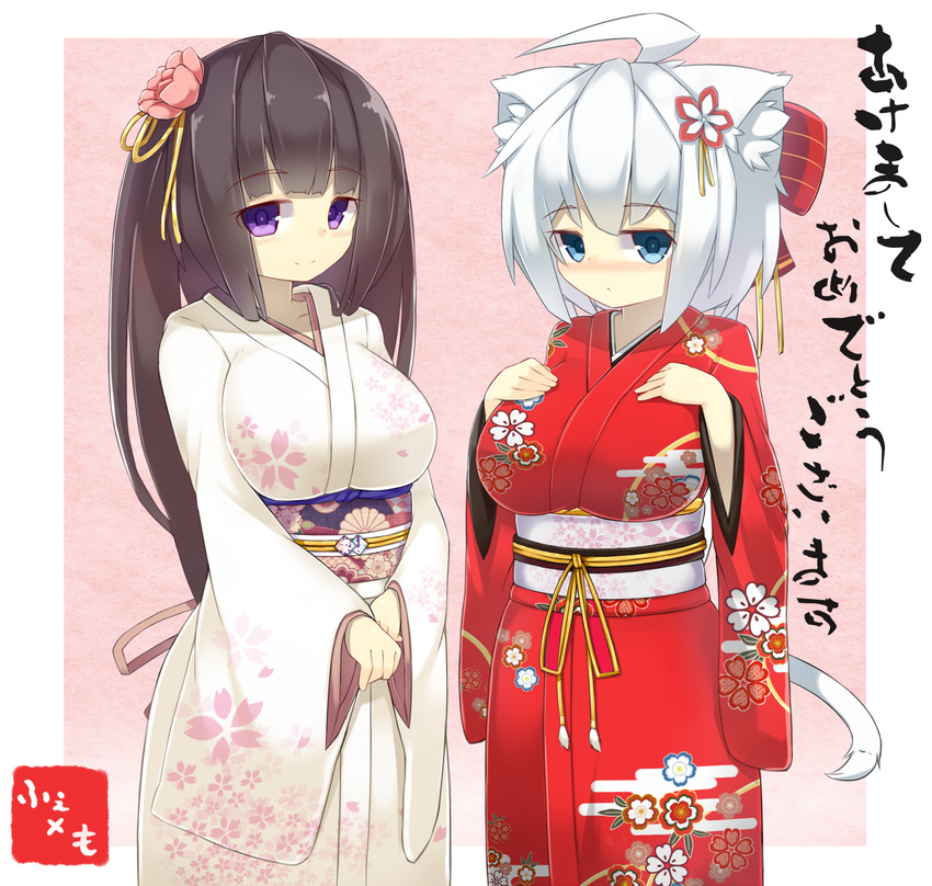 2girls ahoge akeome animal_ears black_hair blue_eyes blush bow breasts commentary_request felt_whitesnow flower hair_flower hair_ornament hairbow hands_on_own_chest happy_new_year highres hime_cut japanese_clothes kimono large_breasts long_hair multiple_girls nengajou new_year original purple_eyes sasakawa_momen sawati short_hair tail white_hair